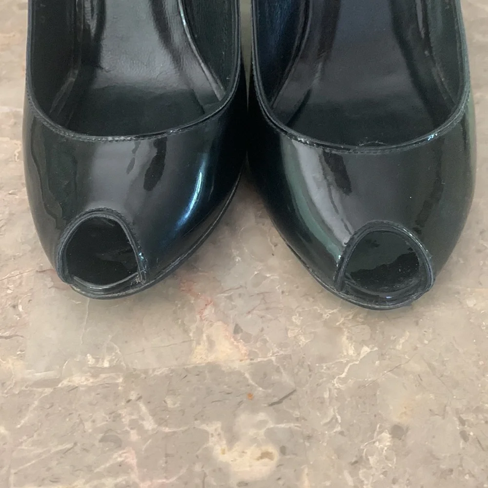 Delman Black Patent Leather Peep Toe Slingback Heels Size 6